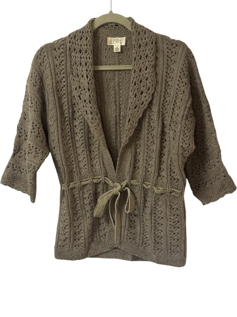 Loft Taupe Beige Crochet Open Knit Cardigan Ribbon Tie Front Sz S Sweater Y2K